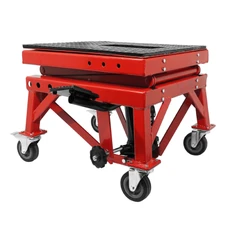 LEVE/PONT MOTO/TROTTINETTE P2R HYDRAULIQUE A COLONNE SUR ROULETTES HAUTEUR MINI 38cm MAXI 95cm ACIER ROUGE