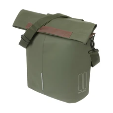 SACOCHE ARRIERE VELO LATERALE SAC BANDOULIERE BASIL CITY SHOPPER VEGAN VERT IMITATION CUIR DROIT/GAUCHE 14-16L FIXATION HOOK-ON PORTE BAGAGE FERMETURE PLIANT ANTI-PLUIE AVEC REFLECHISSANT