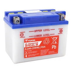 BATTERIE 12V 4 Ah STC4L-B YUASA SCOOTER CONVENTIONNELLE AVEC ENTRETIEN (Lg121xL71xH93mm) (EQUIVALENT YB4L-B - CCA 45)