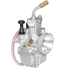 CARBURATEUR TYPE PWK 24 SILVER A BOISSEAU PLAT AVEC POWER JET ENTREE AIR POLI + COUDE TOURNANT + STARTER A TIRETTE -QUALITE PREMIUM- -P2R