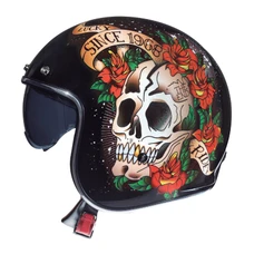 HELMET-OPEN FACE MT LE MANS 2 SV SKULL & ROSES A1 GLOSS BLACK XS (ECE 22.06)