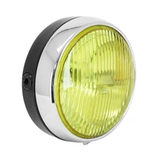 PHARE/PROJECTEUR CYCLO UNIVERSEL ROND NOIR ENTOURAGE CHROME VITRE JAUNE DIAM 140 mm (AMPOULE BA20D) -SELECTION P2R