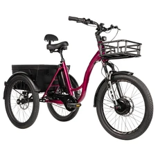 TRICYCLE ELECTRIQUE/VAE CITY LEADER FOX 24" CURTIS 2025 MIXTE BORDEAUX BRILLANT 3V SHIMANO NEXUS MOTEUR ROUE AV BAFANG 36V 45Nm BATTERIE 17,4Ah FREIN ET RETROPEDALAGE