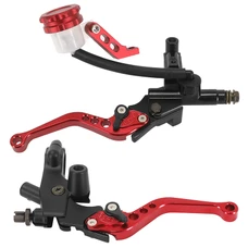 MAITRE CYLINDRE DE FREIN ET POIGNEE D'EMBRAYAGE MOTO UNIVERSEL AVANT AVEC BOCAL SEPARE DIAM 42mm ALU CNC ROUGE DROIT ET GAUCHE (COURSE REGLABLE 6 POSITIONS - RETRO DIAM 10 mm) (PAIRE) -P2R