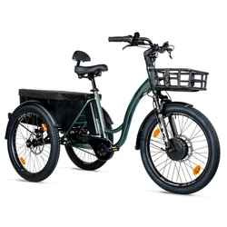 TRICYCLE ELECTRIQUE/VAE CITY LEADER FOX 24" CURTIS X 2025 MIXTE VERT BOUTEILLE BRILLANT 8V SHIMANO NEXUS MOTEUR ROUE AV BAFANG 36V 45Nm BATTERIE 16,7Ah (LARGEUR HORS TOUT 75cm, DEBATTEMENT 50mm)
