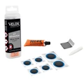 KIT REPARATION PNEU TUBELESS ROUTE VELOX PAR L'INTERIEUR AVEC RUSTINES - BOITE (COLLE 5ml + 4 PATCHS 25mm + 2 PATCHS 24/34mm + 1 RAPE METAL)