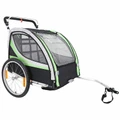 REMORQUE VELO ENFANT - POUSSETTE COUVERTE 2 PLACES EN ALU MAXI 36Kg COLORI VERT/NOIR AVEC ROUES 20" -FIXATION AXE DE ROUE - LIVRE AVEC ROUE AVANT + POIGNEE FREIN - MONTAGE RAPIDE SANS OUTIL