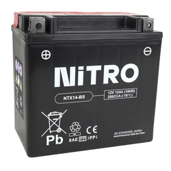 BATTERY 12V 12Ah NTX14-BS NITRO MF MAINTENANCE FREE-SUPPLIED WITH ACID PACK (Lg150xWd87xH146) (EQUALS YTX14-BS)