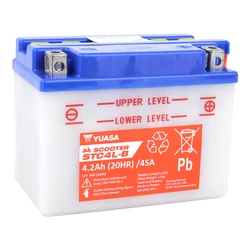 BATTERIE 12V 4 Ah STC4L-B YUASA SCOOTER CONVENTIONNELLE AVEC ENTRETIEN + LIVRE AVEC PACK ACIDE (Lg121xL70xH92mm) (EQUIVALENT YB4L-B - CCA 45)
