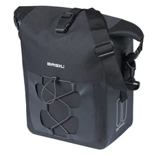 SACOCHE ARRIERE VELO LATERALE BASIL NAVIGATOR CYCLOTOURISTE WATERPROOF 12-15L NOIR FIXATION MIK HOOKS ON SUR PORTE BAGAGE (32x15x25.5cm) AVEC POIGNEE ET BANDOUILLERE FERMETURE ENROULEMENT