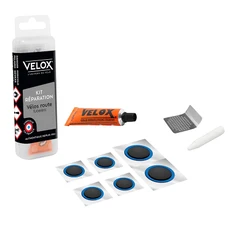 KIT REPARATION PNEU TUBELESS ROUTE VELOX PAR L'INTERIEUR AVEC RUSTINES - BOITE (COLLE 5ml + 4 PATCHS 25mm + 2 PATCHS 24/34mm + 1 RAPE METAL)