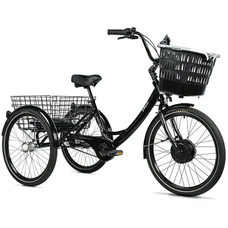 TRICYCLE ELECTRIQUE/VAE CITY LEADER FOX 24" BORMIO 2025 MIXTE NOIR BRILLANT 3V SHIMANO NEXUS MOTEUR ROUE AV BAFANG 36V 45Nm BATTERIE 14,4Ah (LARGEUR HORS TOUT 75cm, DEBATTEMENT 100mm)