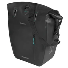 SACOCHE ARRIERE VELO LATERALE BASIL RIVO WATERPROOF 25-31L SABLE / NOIR FIXATION MIK HOOKS SUR PORTE BAGAGE (38x14x25cm) AVEC POIGNEE ET BANDOUILLERE FERMETURE ENROULEMENT