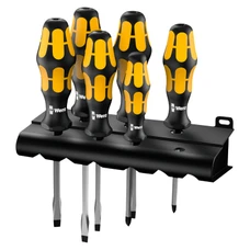 TOURNEVIS BURIN WERA 932 S6 KRAFTFORM CRUCIFORME (PHILLIP) ET PLAT AVEC RACK DE RANGEMENT NOIR/JAUNE (SET 6 PIECES) -MARQUE ALLEMANDE POUR LES ATELIERS