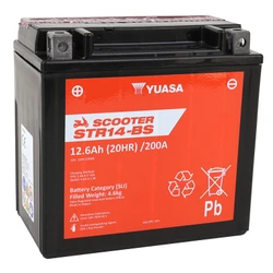 BATTERIE 12V 10 Ah STR12-BS YUASA SCOOTER SANS ENTRETIEN LIVREE AVEC PACK ACIDE (Lg150xL87xH130mm) (EQUIVALENT YTX14-BS  - CCA 180)