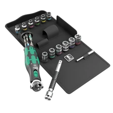 CLIQUET WERA 8009 ZYKLOP POCKET TETE ORIENTABLE COMBINEE DOUILLE 3/8 ET TOURNEVIS 1/4 (AVEC RESERVE D'EMBOUT INTEGREE) NOIR/VERT (SET 27 PIECES) -MARQUE ALLEMANDE POUR LES ATELIERS