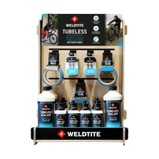 DISPLAY - COMPLETE WOODEN DISPLAY WELDTITE TUBELESS (4x 1L TUBELESS SEALANT- 8x 240ml TUBELESS SEALANT- 12 TUBELESS VALVES KIT - 7 RIM TAPES FOR MTB - 4 RIM TAPES FOR ROAD BIKE)